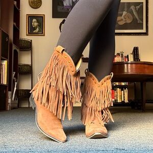 Tan Leather Fringe Layered Cowgirl Boots